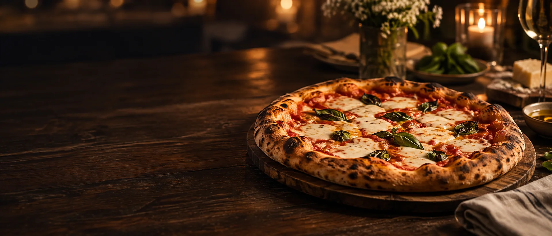 Pizza artesanal recién horneada sobre una mesa de madera